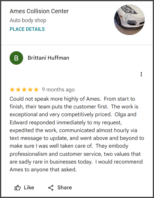 Review of Ames Collision Center By Brittani Huffman